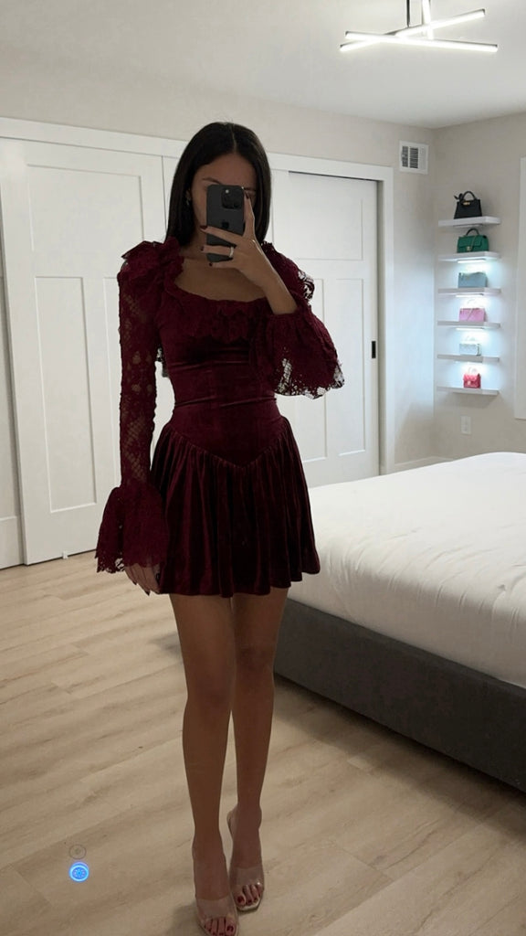 Miss Circle Women Yachira Burgundy Velvet Lace Flare Sleeve Mini Dress Miss Circle Women Yachira Burgundy Velvet Lace Flare Sleeve Mini Dress