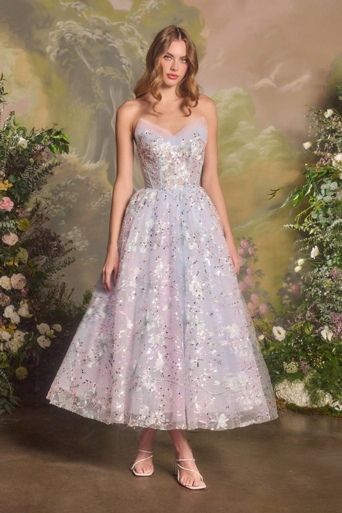 A&L A1485 High-Low A-Line Sweetheart Dress with Floral Embroidery Light Blue / 4 A&L A1485 High-Low A-Line Sweetheart Dress with Floral Embroidery Light Blue / 4