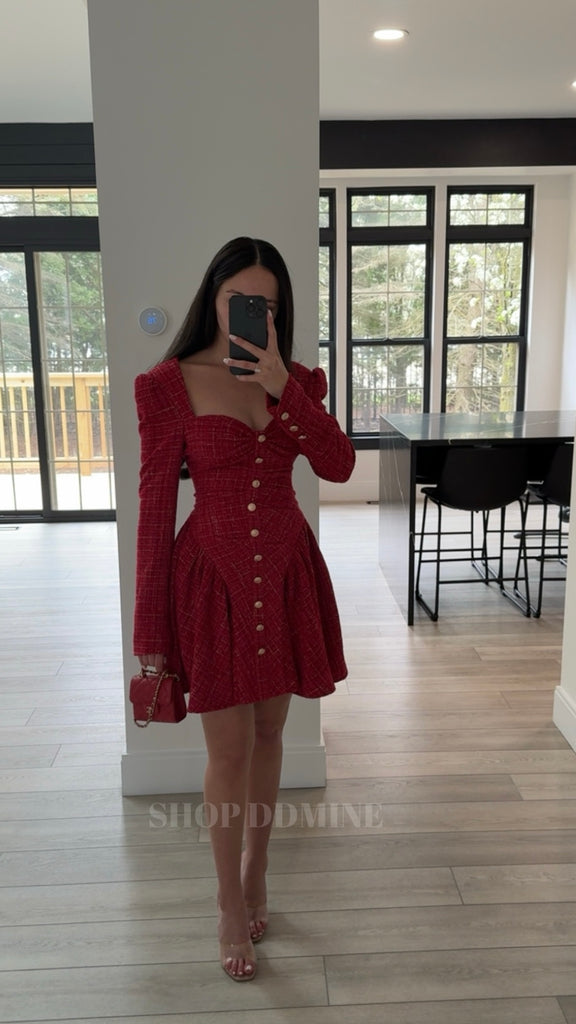 RED TWEED LONG SLEEVE DROP WAIST MINI DRESS Small RED TWEED LONG SLEEVE DROP WAIST MINI DRESS Small