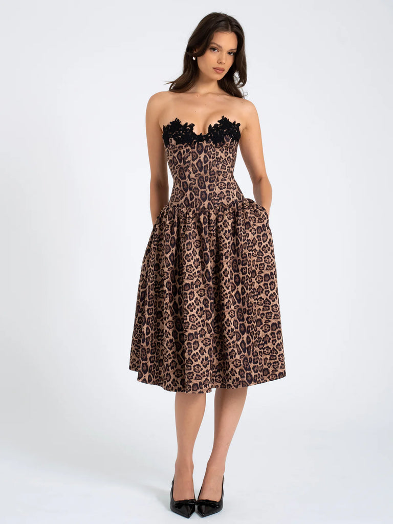 CHEETAH PRINT STRETCHY STRAPLESS MIDI DRESS – SHOP DDMINE
