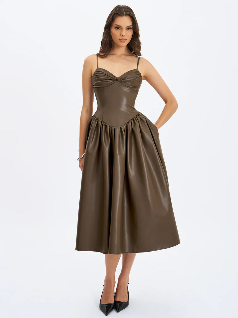 Miss Circle Women Parisia Cocoa Vegan Leather Drop Waist Midi Dress Miss Circle Women Parisia Cocoa Vegan Leather Drop Waist Midi Dress