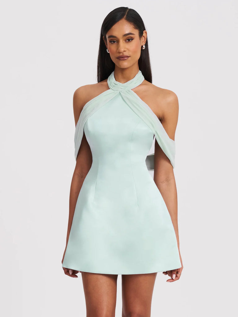 Light Cyan Halter Off-shoulder Backless Mini Dress SHOP DDMINE Light Cyan Halter Off-shoulder Backless Mini Dress SHOP DDMINE