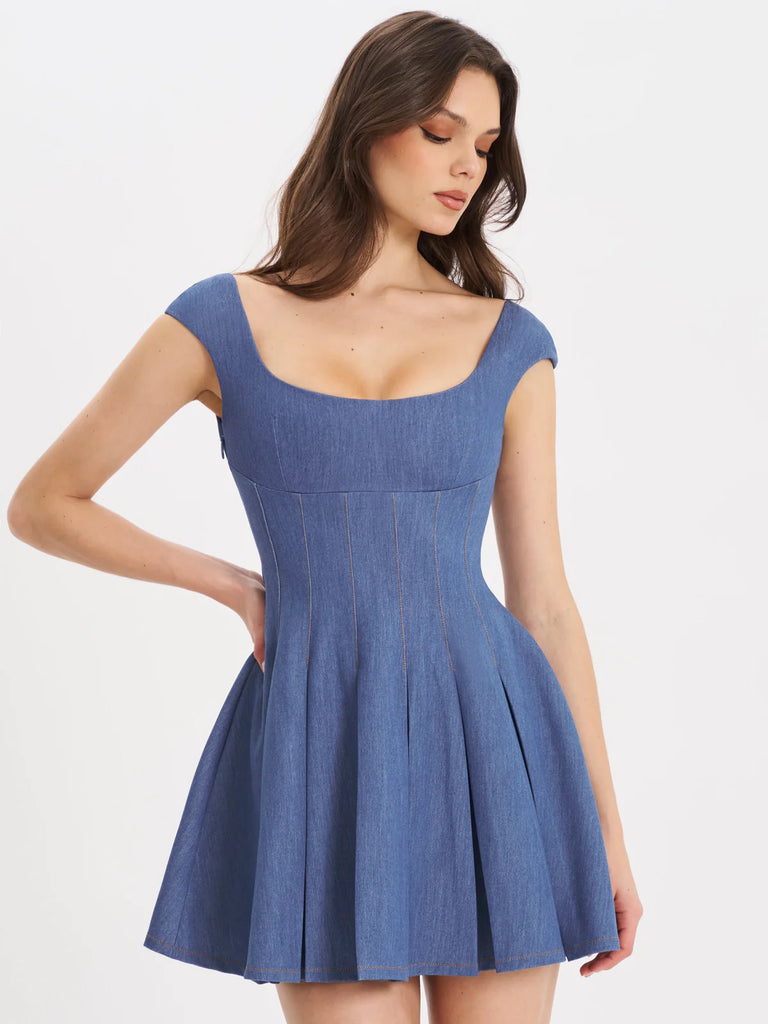 denim pleated mini dress SADA PLEATED DENIM MINI DRESS XXS