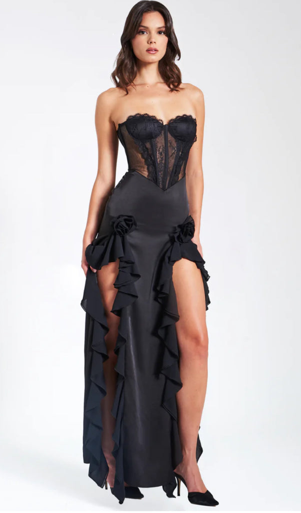 black satin lace dress TALIA Black SATIN LACE CORSET MAXI DRESS As Shown / XXS