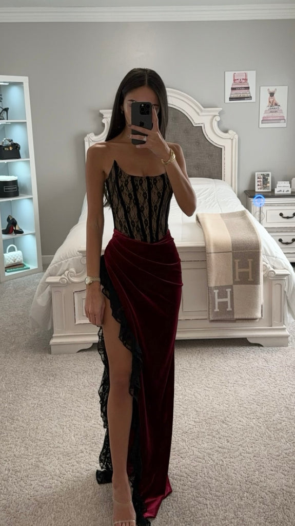 Gaia Burgundy Lace Velvet Corset Slit Gown As Shown / XXS Gaia Burgundy Lace Velvet Corset Slit Gown As Shown / XXS