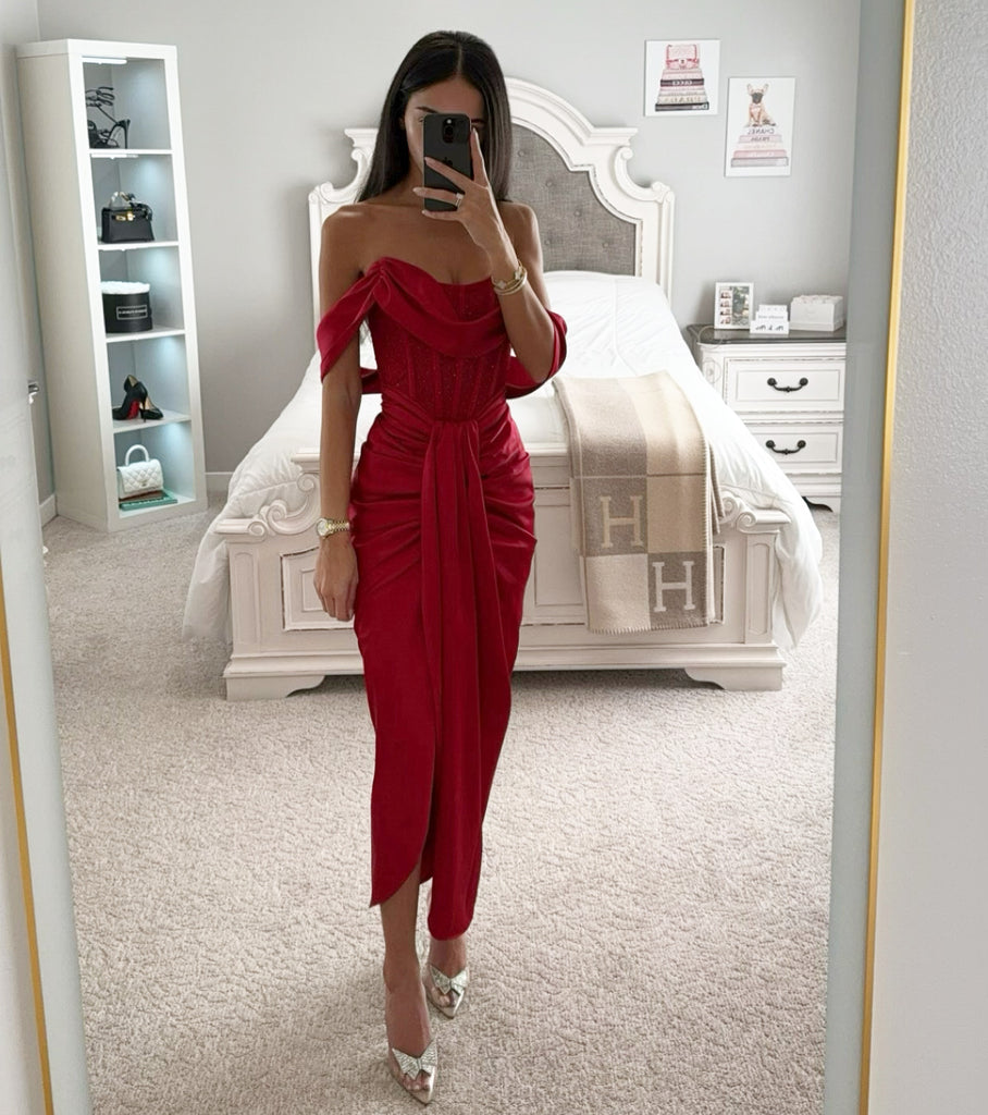 BURGUNDY OFF SHOULDER CRYSTAL MIDI DRESS As Shown / Medium BURGUNDY OFF SHOULDER CRYSTAL MIDI DRESS As Shown / Medium