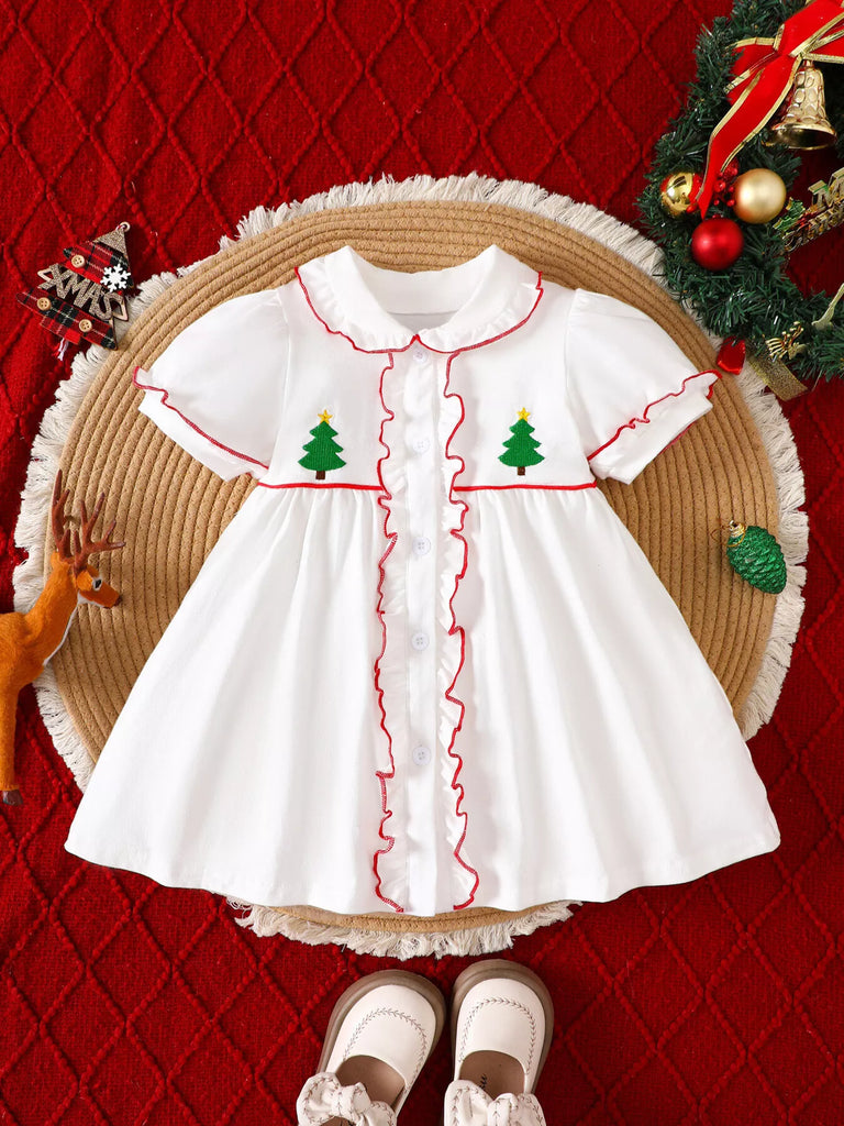 Children's Christmas Tree Embroidered Ruffle Trim Dress Children's Christmas Tree Embroidered Ruffle Trim Dress