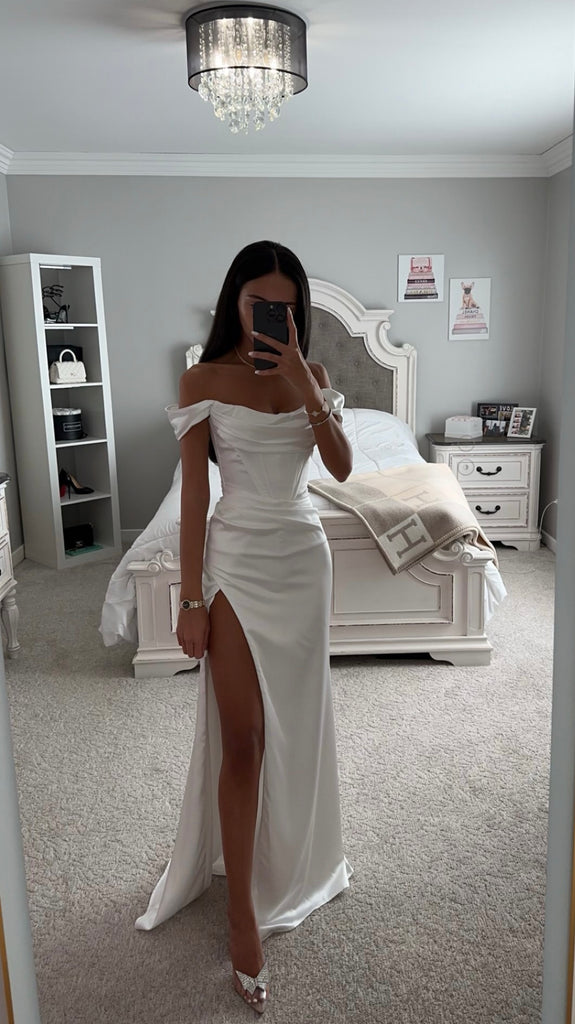 OFF WHITE SATIN OFF SHOULDER MAXI DRESS SHOP DDMINE OFF WHITE SATIN OFF SHOULDER MAXI DRESS SHOP DDMINE
