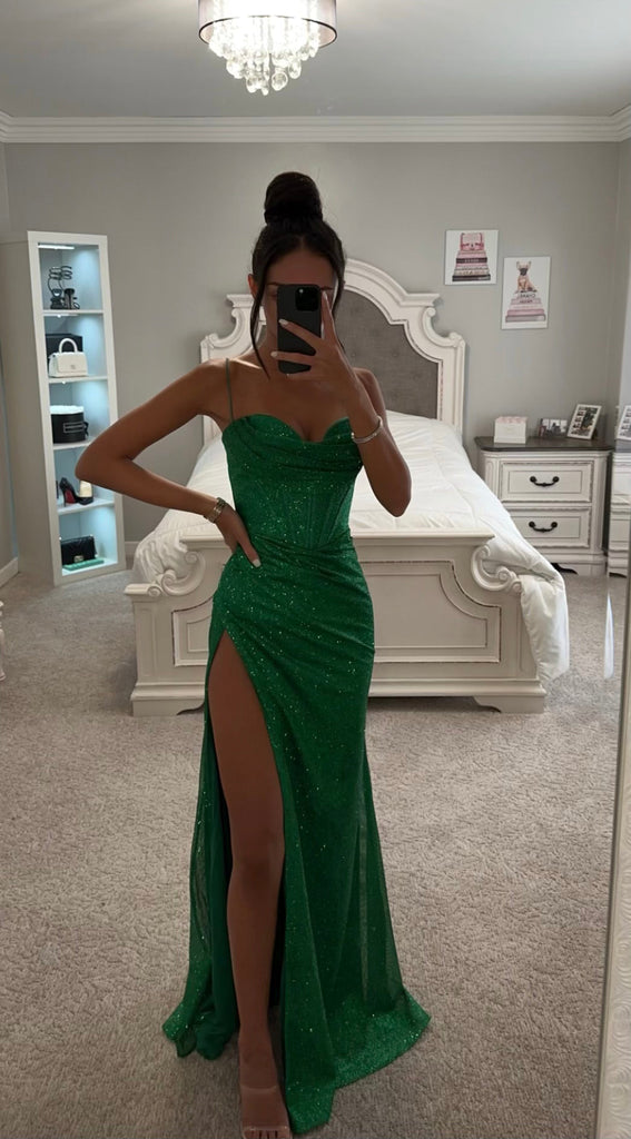 Emerald GLITTERY CORSET LACE BACK SLIT GOWN Emerald / 6 Emerald GLITTERY CORSET LACE BACK SLIT GOWN Emerald / 6