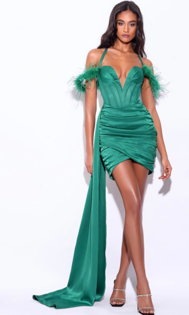 wilma ruffle mini dress WILMA EMERALD SATIN CORSET DRAPING MINI DRESS – SHOP DDMINE