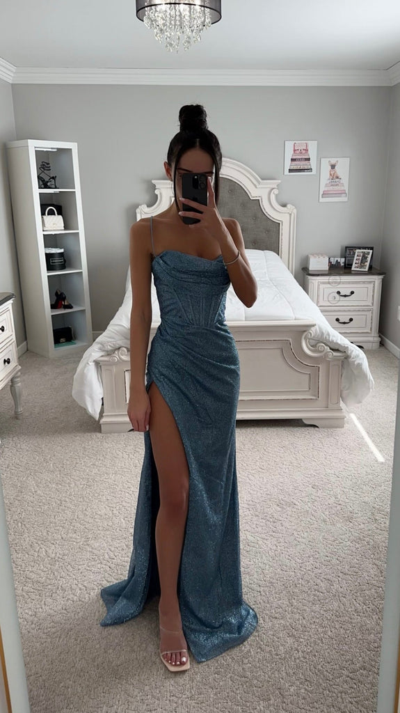 Smoky Blue Glittery Corset Lace Back Slit Gown Smoky Blue Glittery Corset Lace Back Slit Gown