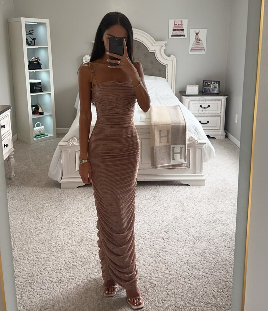 ROSE GOLD RUCHED CHIFFON MAXI DRESS As Shown / XL ROSE GOLD RUCHED CHIFFON MAXI DRESS As Shown / XL