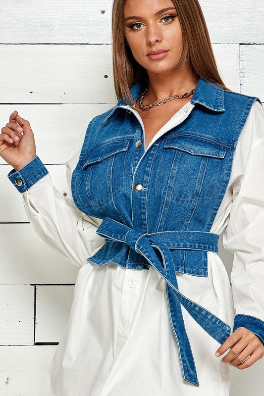 Denim Vest Shirt Mini Dress Long Sleeve White/Denim Blue / S