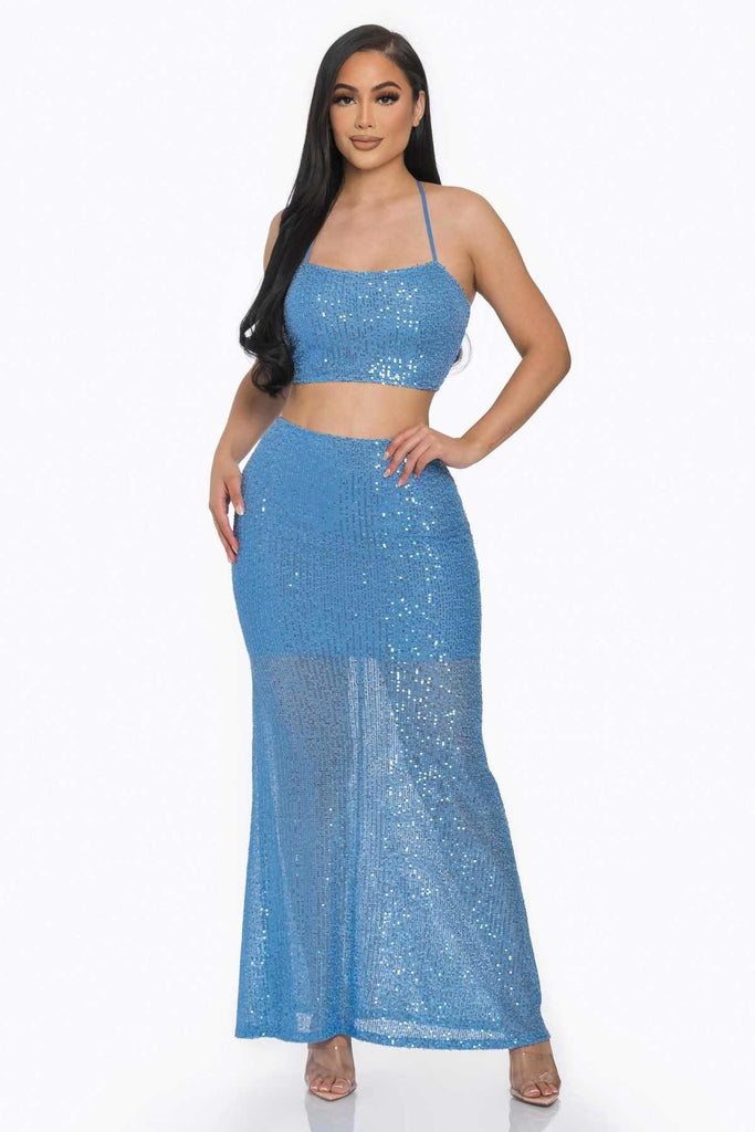 BLUE SEQUIN MAXI DRESS L BLUE SEQUIN MAXI DRESS L