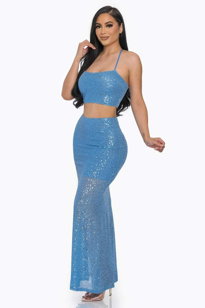 blue sequin top dress Caprina Sequin Mini Dress | Light Blue | Womens