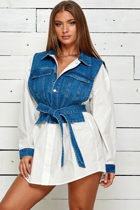 DENIM VEST SHIRT MINI DRESS LONG SLEEVE WHITE/DENIM BLUE / M