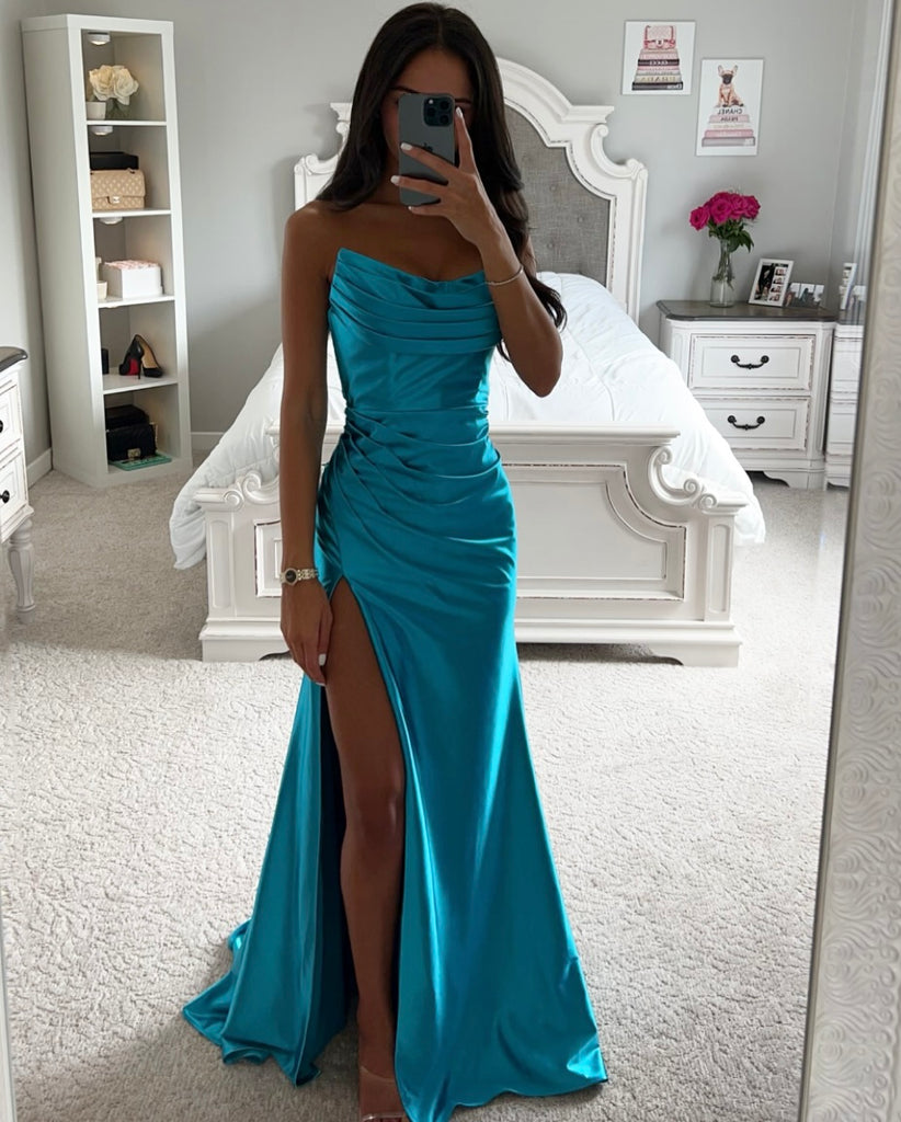 Satin Gown Sea Blue Ocean Blue Cowl Neck Thin Strap Slit Charmeuse Draped Bridesmaid Dress Satin Gown Sea Blue Ocean Blue Cowl Neck Thin Strap Slit Charmeuse Draped Bridesmaid Dress