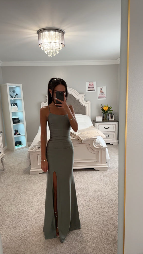 RUST OLIVE SATIN LACE BACK GOWN RUST OLIVE SATIN LACE BACK GOWN