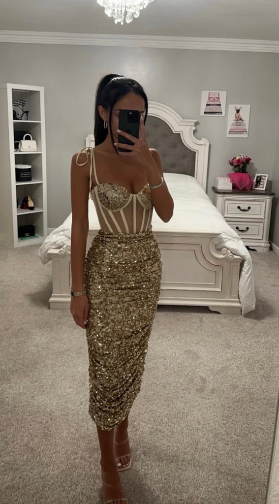 GOLD SEQUIN CORSET MIDI DRESS – SHOP DDMINE
