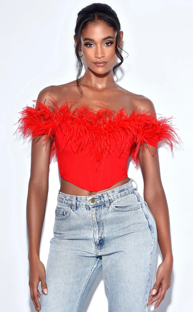 RED FEATHER TRIM CORSET TOP – SHOP DDMINE