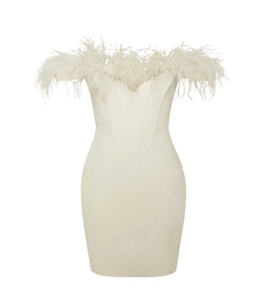 white feather corset dress Elegant White Off-Shoulder Feather Lace Corset Mini Wedding Dress SW717