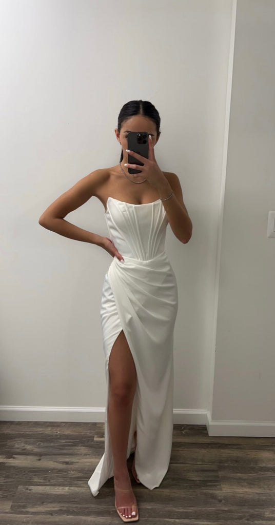 white corset off the shoulder dress Miss Circle Women Annika White Off Shoulder Long Sleeve Corset Dress With Crystal Trim