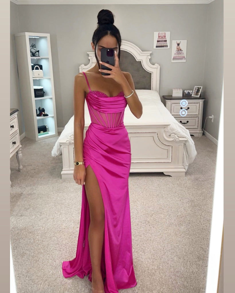 pink mesh corset dress The Fiorella Beaded Fitted Corset Satin Gown 14 / Red