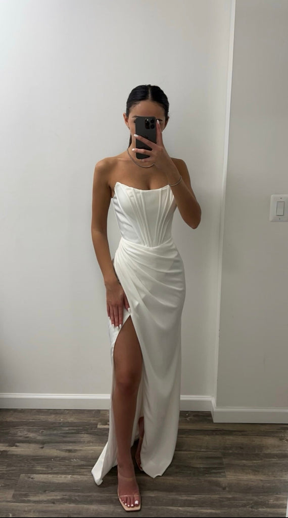 Off White Corset Off Shoulder Satin Gown Off White / 14 Off White Corset Off Shoulder Satin Gown Off White / 14