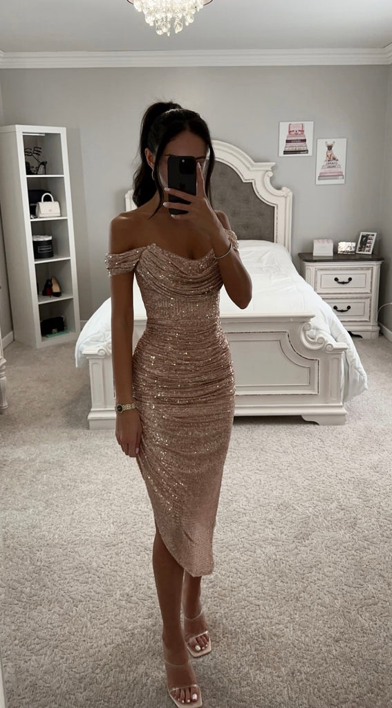 ROSE GOLD SPARKLY MIDI DRESS SHOP DDMINE ROSE GOLD SPARKLY MIDI DRESS SHOP DDMINE