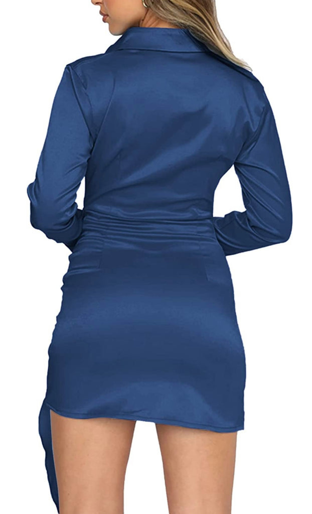 satin long sleeve tie waist mini dress TIE KNOT SATIN LONG SLEEVE MINI DRESS Medium / Dark Blue