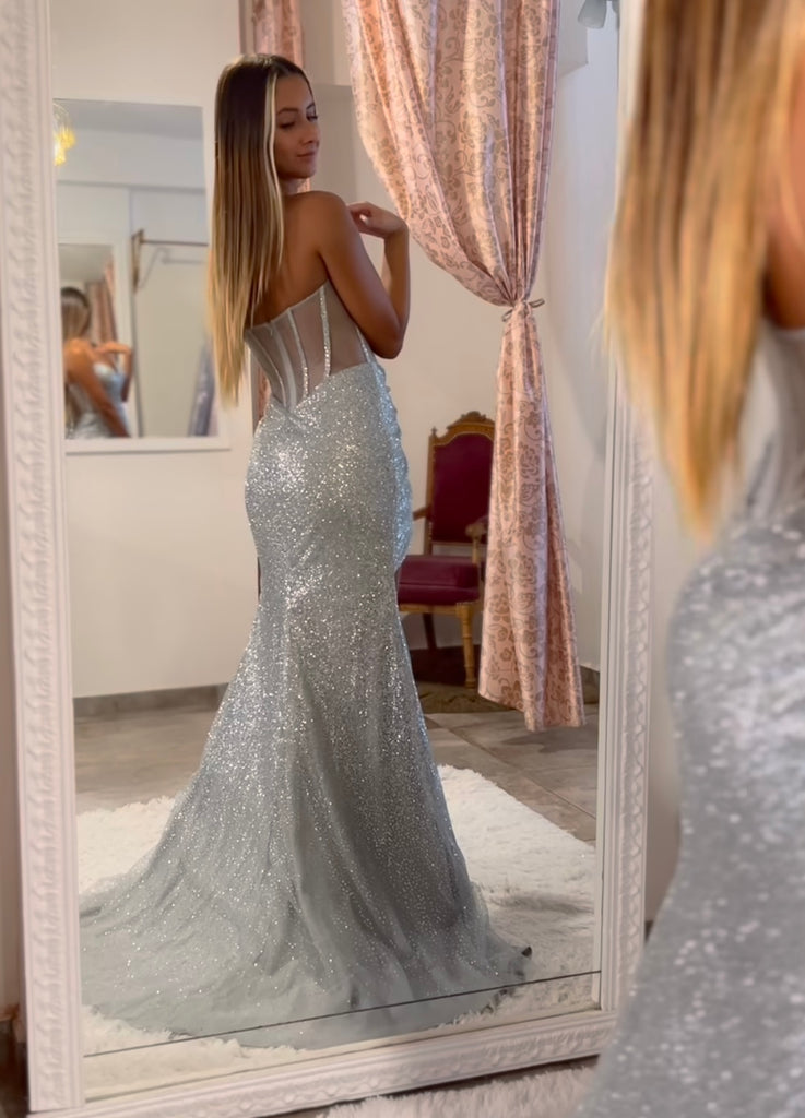 SILVER STRAPLESS GLITTER GOWN SILVER STRAPLESS GLITTER GOWN