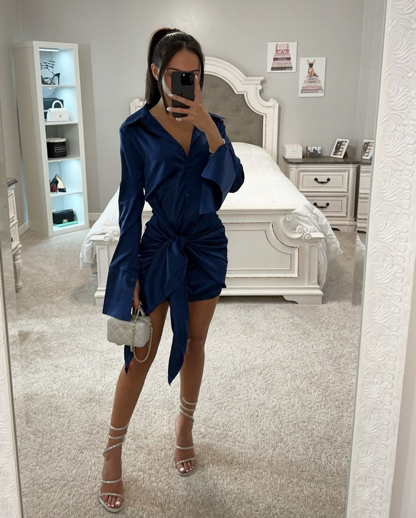 TIE KNOT SATIN LONG SLEEVE MINI DRESS Medium / Dark Blue TIE KNOT SATIN LONG SLEEVE MINI DRESS Medium / Dark Blue