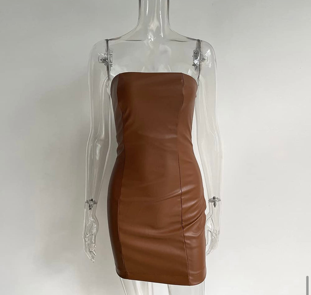 Brown Leather Mini Dress Large / Brown Brown Leather Mini Dress Large / Brown