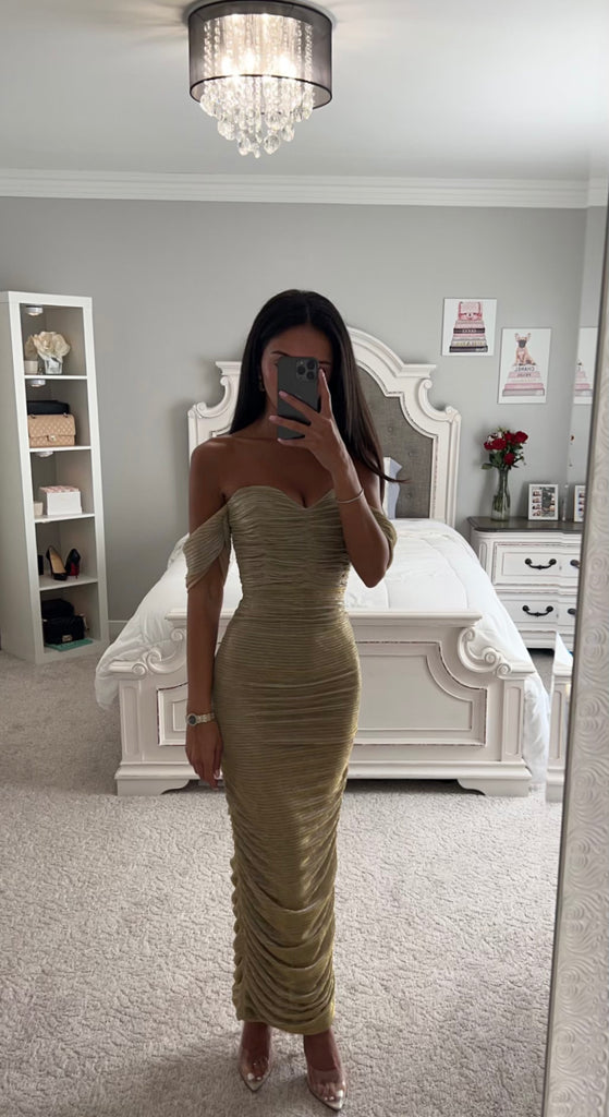 GOLD OFF SHOULDER RUCHED MIDI DRESS As Shown / XS GOLD OFF SHOULDER RUCHED MIDI DRESS As Shown / XS