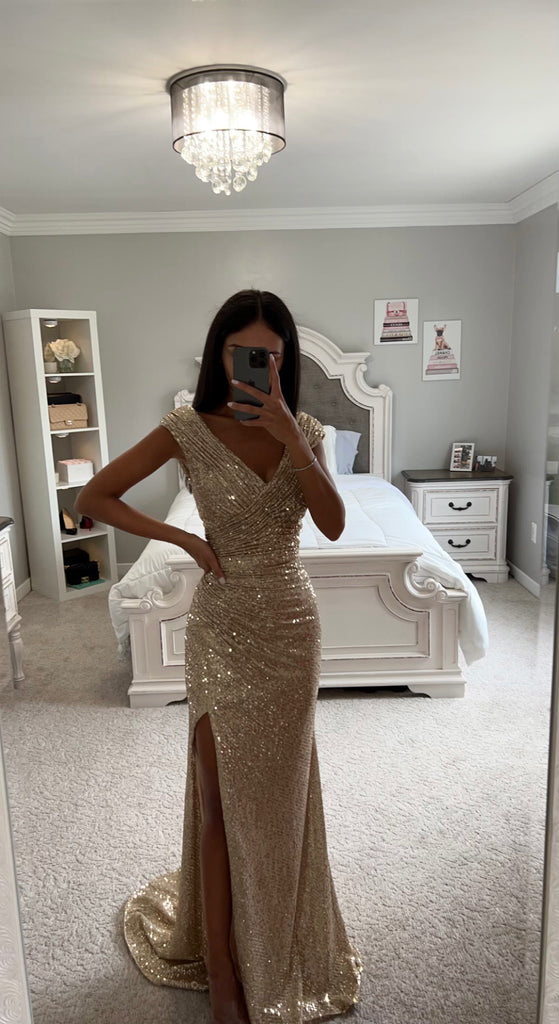 Gold Sequin Gown Small / Emerald