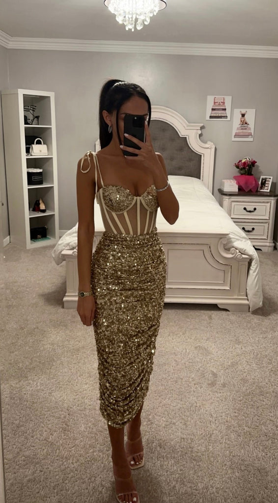 GOLD SEQUIN CORSET MIDI DRESS Large / As Shown GOLD SEQUIN CORSET MIDI DRESS Large / As Shown