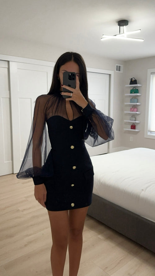 open lace back dress Tabitha Navy Blue Mesh Lantern Sleeve Mini Dress (Archive Sale)