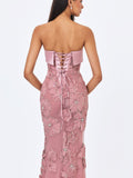 Raphaela Dusty Pink Beaded Floral Strapless Mermaid Maxi Dress