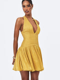 Xavia Gold Crystal Organza Plunging Halter Mini Dress