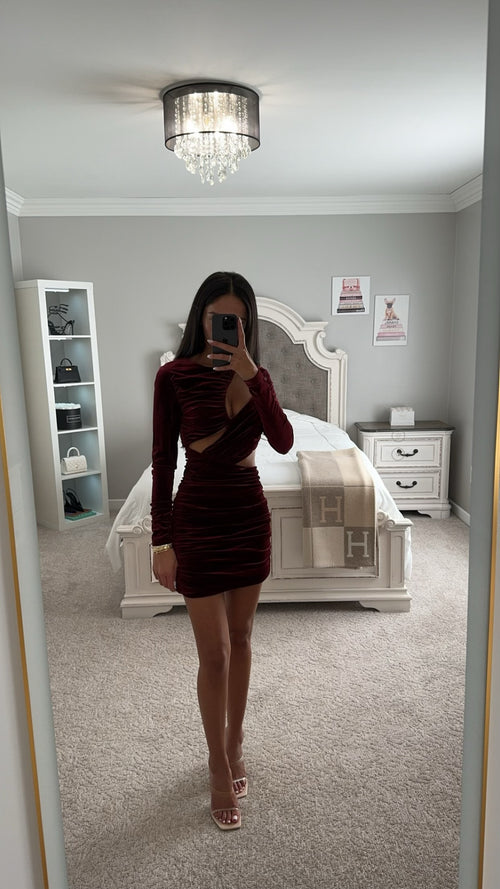 BURGUNDY VELVET CUT OUT MINI DRESS Medium / As Shown
