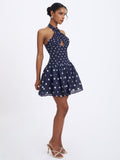 Yamina Navy Polka Dot Ramie Crossover Halter Gathered Mini Dress