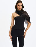 Quinette Black Peplum Top with Beaded Asymmetrical Cape