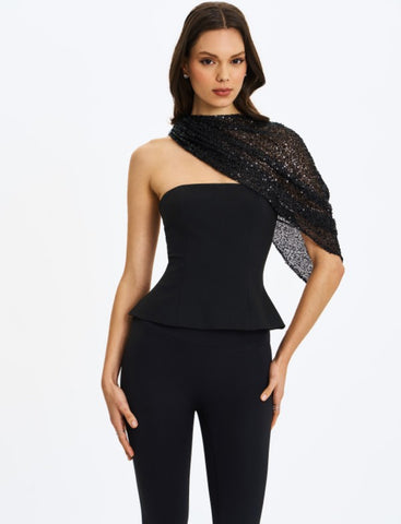 Quinette Black Peplum Top with Beaded Asymmetrical Cape