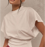 SHORT SLEEVE CREW NECK CINCHED WAIST TOP