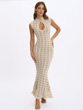 Xylona Beige & Gold Crochet Teardrop Neckline Mermaid Maxi Dress