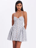 MELODY BLACK AND WHITE PLAID TWEED HALTER DROP WAIST MINI DRESS