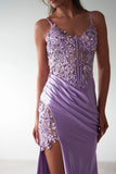 STRETCH SATIN GLITTER LACE FITTED GOWN