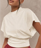 SHORT SLEEVE CREW NECK CINCHED WAIST TOP