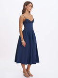 Ailani Navy Taffeta Smocked Midi Dress