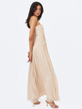 Olivine Light Beige Crystal Organza Strapless Maxi Dress